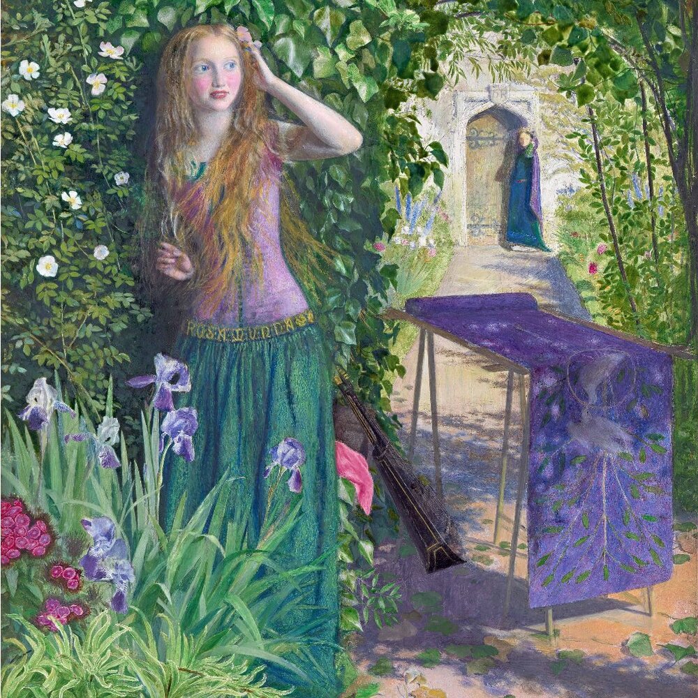 FAIR ROSAMUND Art Print: 8"by10" Reproduction. Garden w/ Purple Irises & Ivy